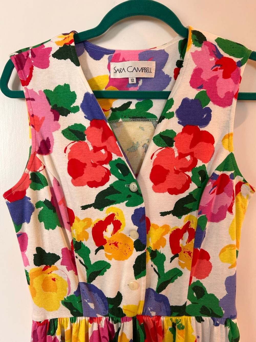 Vintage Sara Campbell Floral Sleeveless Button-Front Midi Dress Size 12
